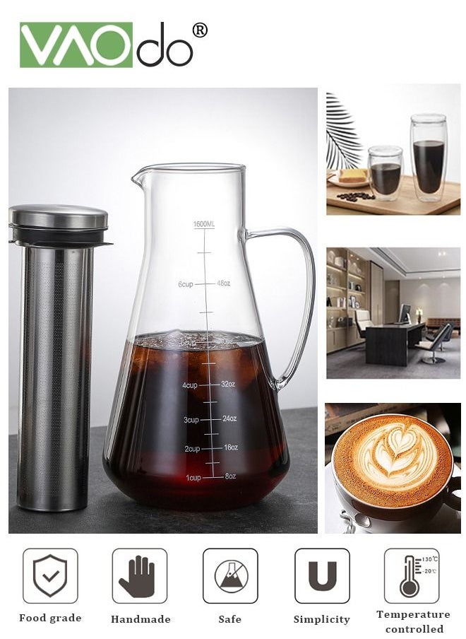 VAOdo - Cold Brew Coffee Maker 1600ML Borosilicate Glass With Stainless Steel Filter Fine Mesh Filter Infuser Kettle For Iced Coffee Cold Brew Juice Tea Etc - Image 1