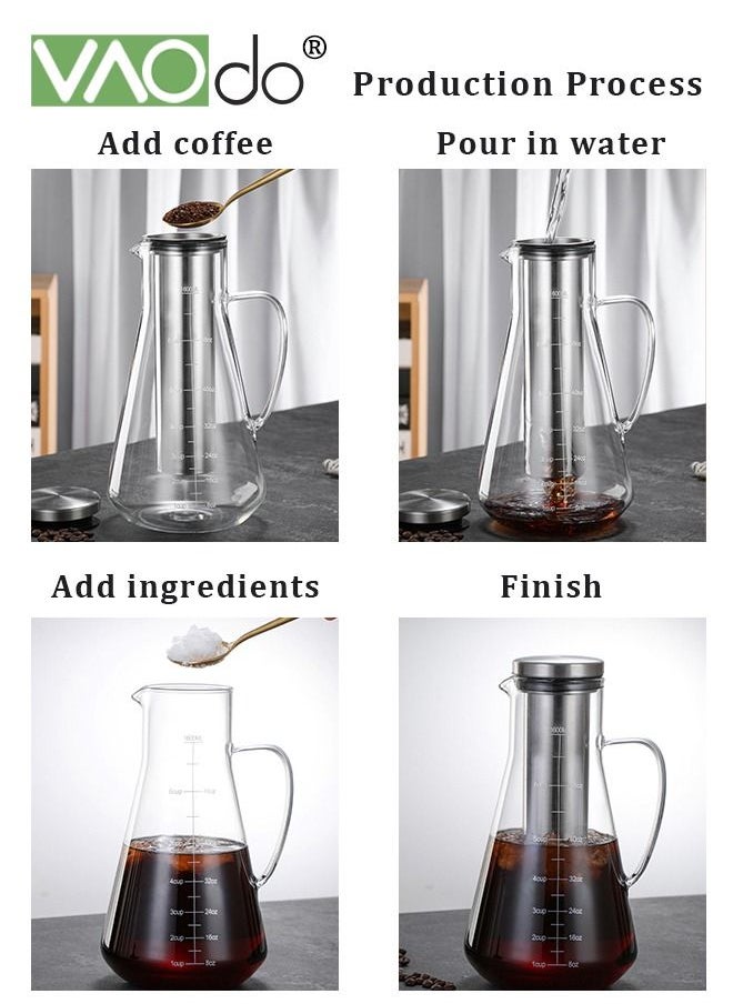 VAOdo - Cold Brew Coffee Maker 1600ML Borosilicate Glass With Stainless Steel Filter Fine Mesh Filter Infuser Kettle For Iced Coffee Cold Brew Juice Tea Etc - Image 1