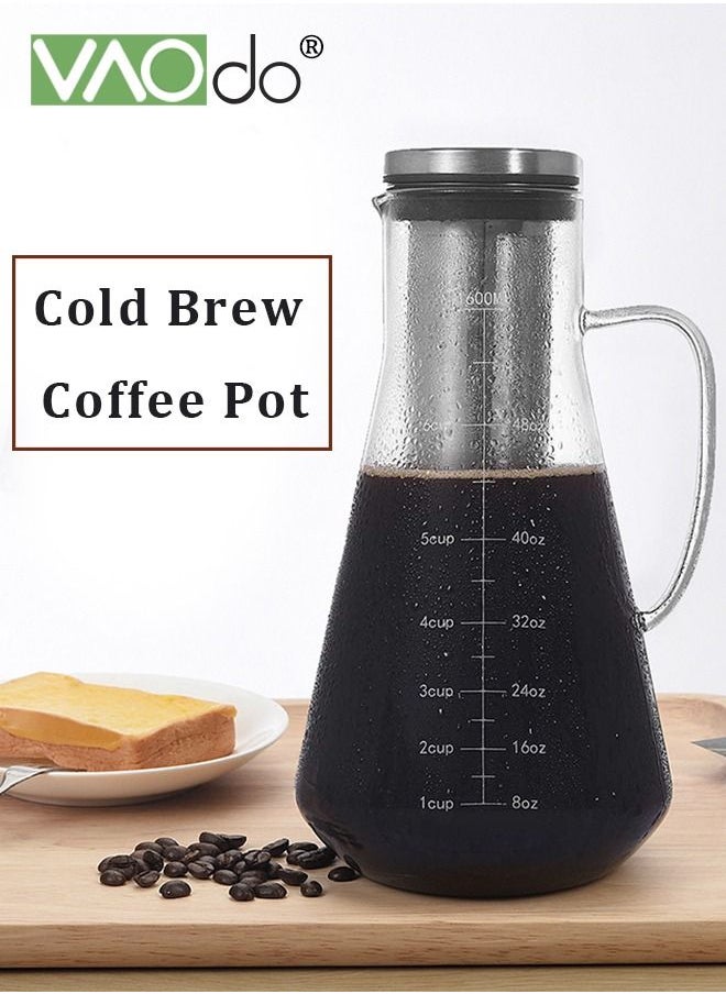 VAOdo - Cold Brew Coffee Maker 1600ML Borosilicate Glass With Stainless Steel Filter Fine Mesh Filter Infuser Kettle For Iced Coffee Cold Brew Juice Tea Etc - Image 1