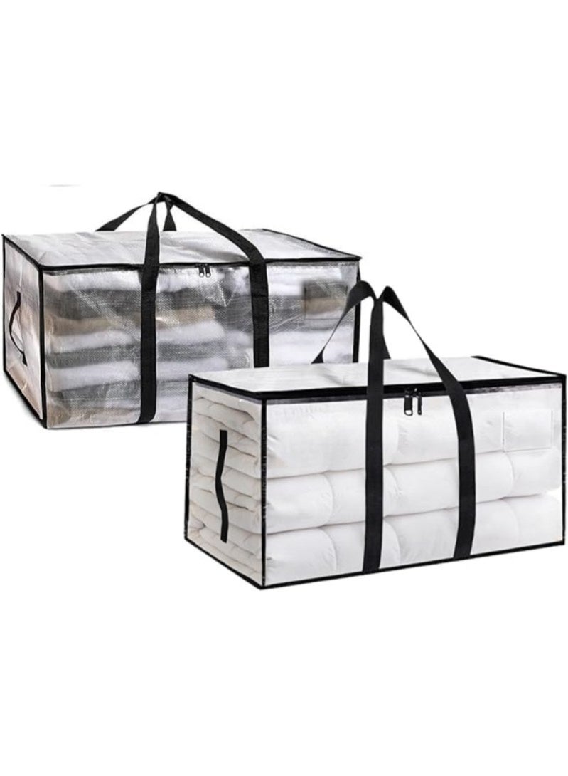 2 Pack 92L Extra Large Clothes & Moving Storage Bags with Zippers & Handles, Foldable Heavy-Duty Waterproof Organizer, Space Saving for Bedding, Clothes, Toys(Clear) - Image 1