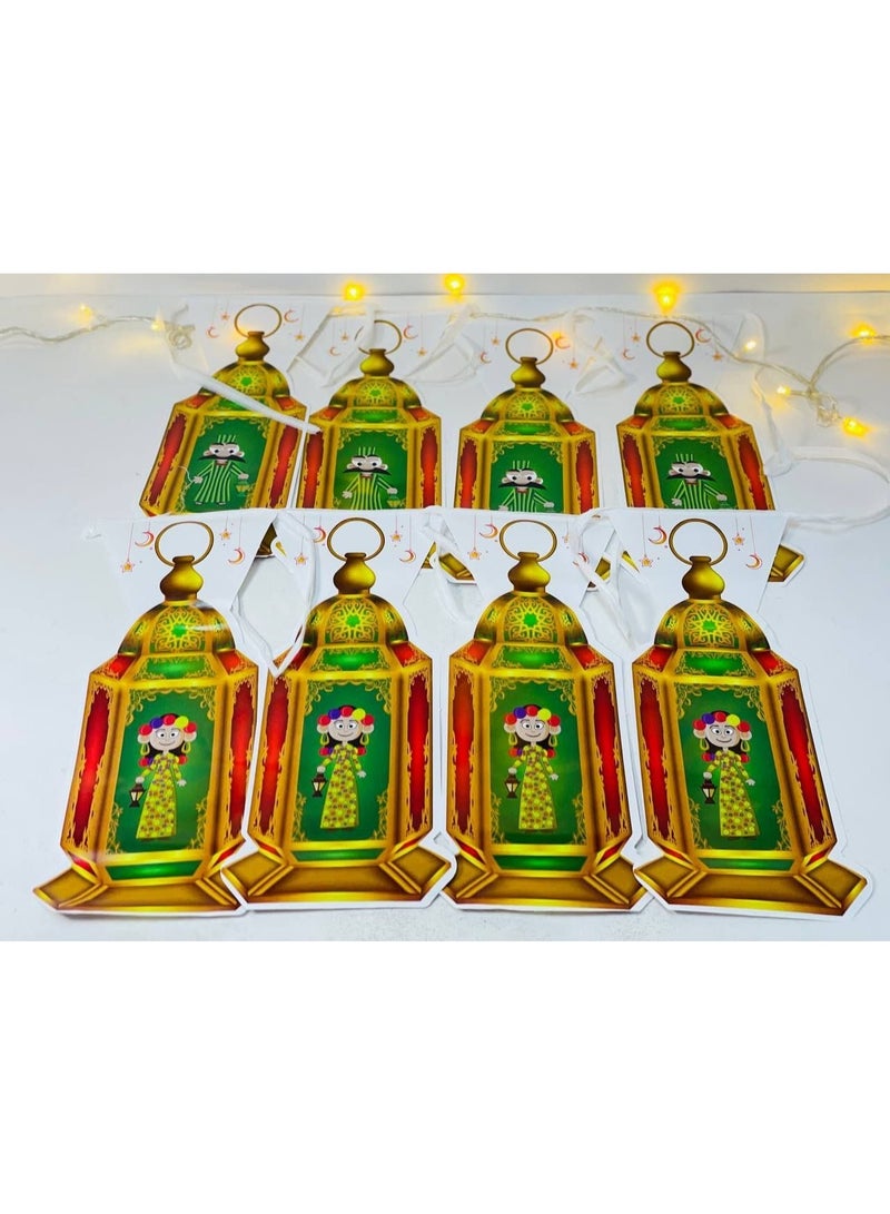 Ramadan decorations and ornaments: Paper lanterns featuring various Ramadan characters to decorate the streets during Ramadan. Two-sided paper lantern string with different shapes. Pack size: 3.5 meters (large size). - Image 1