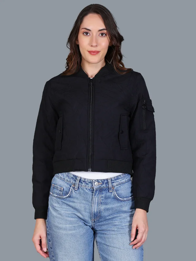 Fort Collins Women Black Crop Bomber Jacket