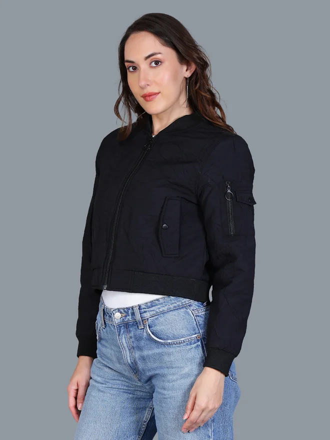 Fort Collins black Women Black Crop Bomber Jacket for Women | Best Price UAE