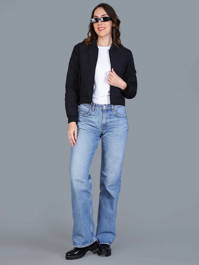 Fort Collins Women Black Crop Bomber Jacket