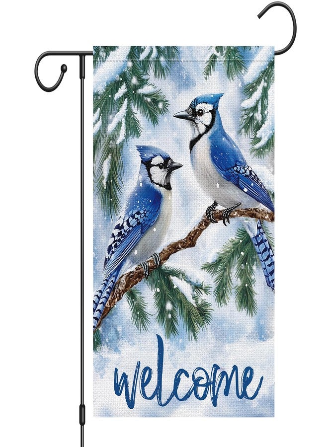 Heyfibro Welcome Winter Blue Jay Garden Flag 12x18 Inch Double Sided Burlap, Christmas Bird Pine Branches Snow Yard Flags for Seasonal Xmas Outside Outdoor Decoration (ONLY FLAG) - Image 1