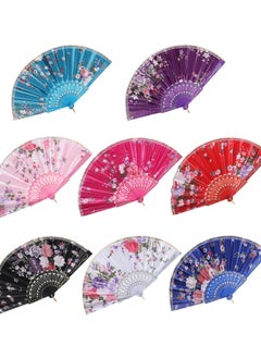 KASTWAVE 8PCS Folding Fans, Chinese Fan Floral Hand Silk Bamboo Foldable Vintage Handheld Lace with Different Flower Patterns Fabric for Dancing Party  - Image 1