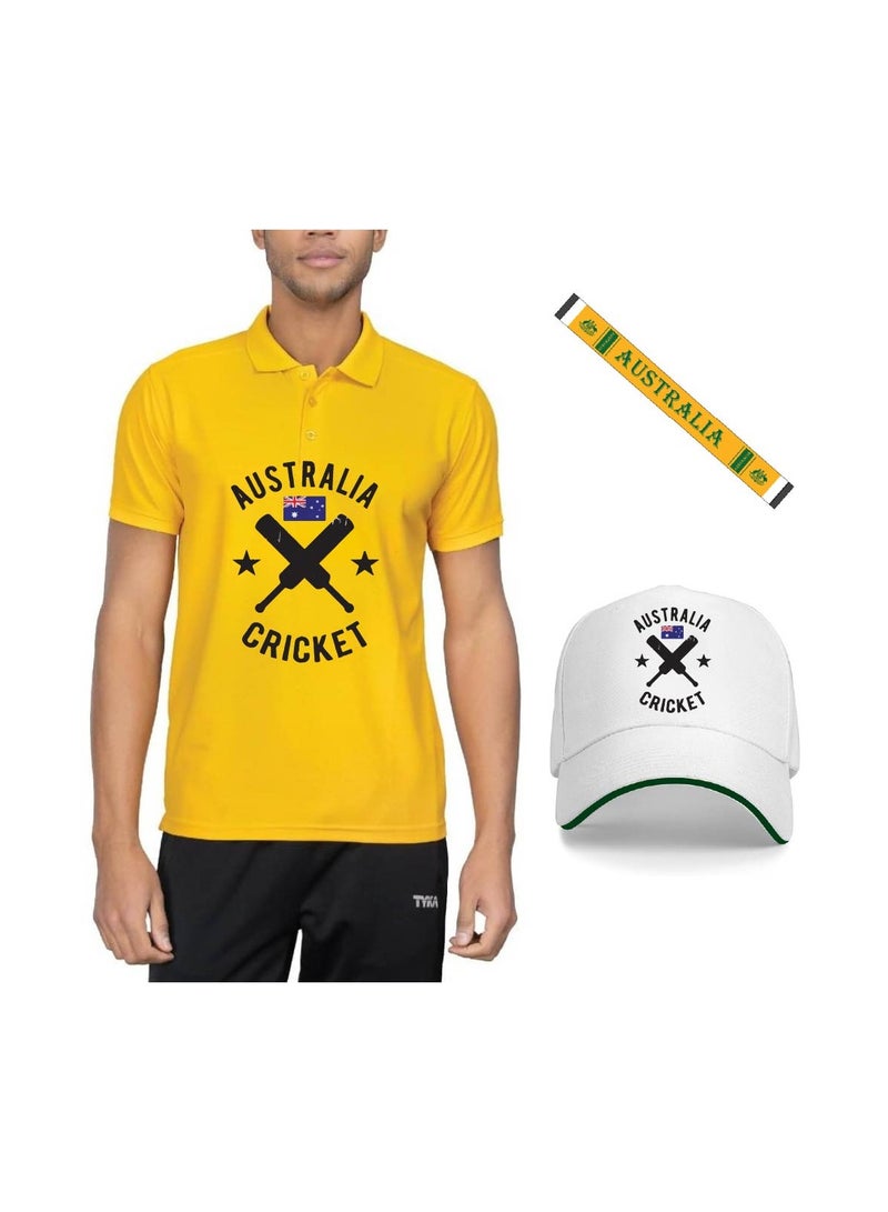 PRINTSHOP4ME Australia Unisex Sports Yellow Jersey T-Shirt Set - T-Shirt,Drawstring Bag,Cap - T-Shirt,Scarf,Cap - Australia Cricket Fan Jersey T-Shirt - Gift Set for Cricket Lovers and Australian Fans  - Image 1