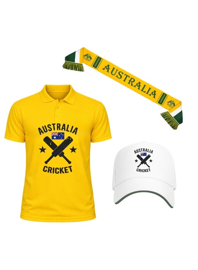 Australia Unisex Sports Yellow Jersey T-Shirt Set - T-Shirt,Drawstring Bag,Cap - T-Shirt,Scarf,Cap - Australia Cricket Fan Jersey T-Shirt - Gift Set for Cricket Lovers and Australian Fans - Image 1