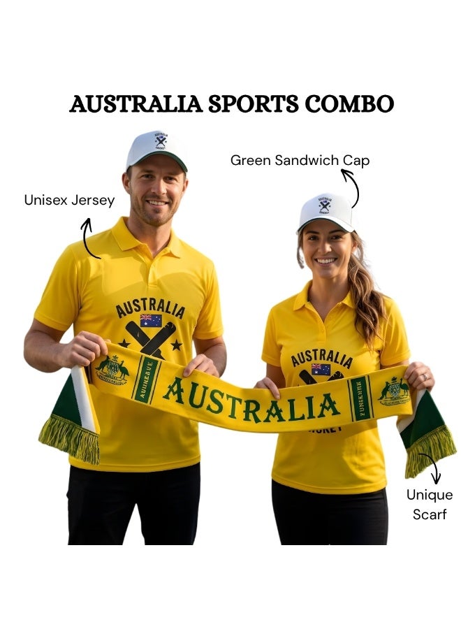 Australia Unisex Sports Yellow Jersey T-Shirt Set - T-Shirt,Drawstring Bag,Cap - T-Shirt,Scarf,Cap - Australia Cricket Fan Jersey T-Shirt - Gift Set for Cricket Lovers and Australian Fans - Image 2
