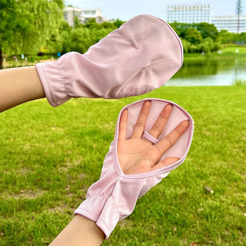 Womens Sun Protection Gloves Summer Fingerless Ice Silk Short-Blue - Image 2