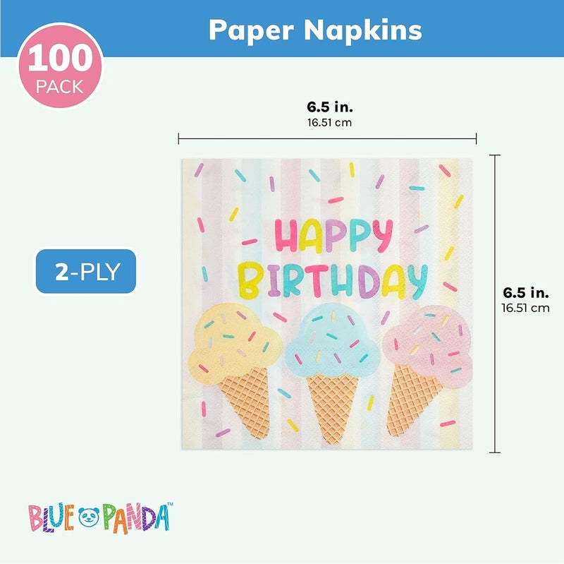 Blue Panda Birthday Napkins for Ice Cream Birthday Party Decorations & Supplies - 6.5 x 6.5 In Folded, 100 Pack, Pastel Multicolor, 2-Ply - Image 3
