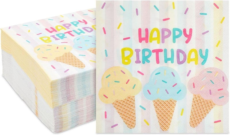 Blue Panda Birthday Napkins for Ice Cream Birthday Party Decorations & Supplies - 6.5 x 6.5 In Folded, 100 Pack, Pastel Multicolor, 2-Ply - Image 1