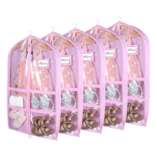Syeeiex 3" Gusseted Clear Dance Costume Garment Bag(5 Pack), 40'' Dance Garment Bags for Dancers with 4 Zipper Pockets & Can Hold 1-3 Dance Costumes - Suitable for Dance Competitions, Ballet(Pink) - Image 1