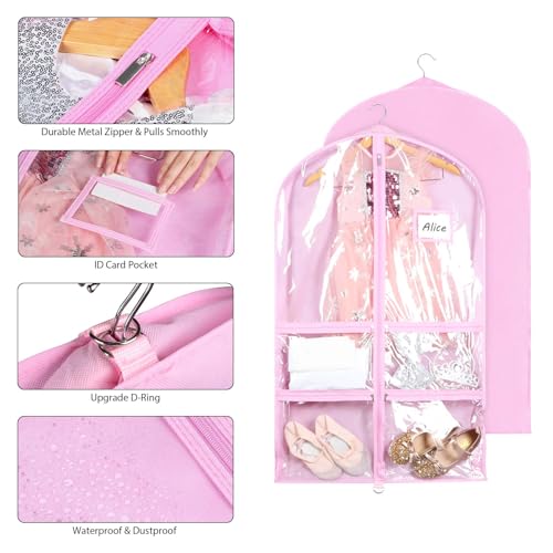 Syeeiex 3" Gusseted Clear Dance Costume Garment Bag(5 Pack), 40'' Dance Garment Bags for Dancers with 4 Zipper Pockets & Can Hold 1-3 Dance Costumes - Suitable for Dance Competitions, Ballet(Pink) - Image 4