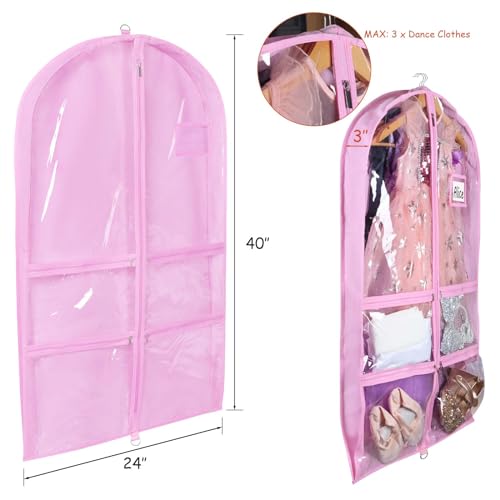 Syeeiex 3" Gusseted Clear Dance Costume Garment Bag(5 Pack), 40'' Dance Garment Bags for Dancers with 4 Zipper Pockets & Can Hold 1-3 Dance Costumes - Suitable for Dance Competitions, Ballet(Pink) - Image 5