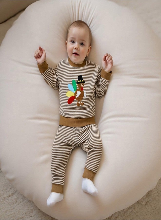 Karuedoo Toddler Baby Boy Girl Thanksgiving Outfit Turkey Embroidery Stripe Long Sleeve Waffle Knit Sweatshirt and Pants Set (Khaki Turkey, 6-12 Months) - Image 4