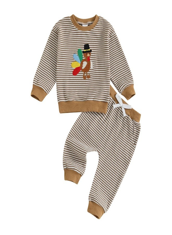 Karuedoo Toddler Baby Boy Girl Thanksgiving Outfit Turkey Embroidery Stripe Long Sleeve Waffle Knit Sweatshirt and Pants Set (Khaki Turkey, 6-12 Months) - Image 1