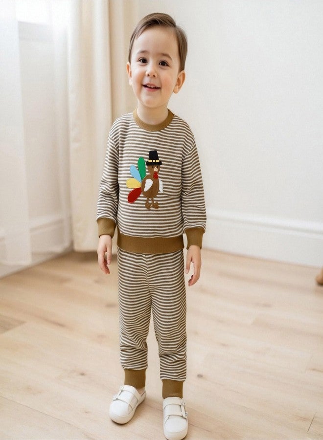 Karuedoo Toddler Baby Boy Girl Thanksgiving Outfit Turkey Embroidery Stripe Long Sleeve Waffle Knit Sweatshirt and Pants Set (Khaki Turkey, 6-12 Months) - Image 2