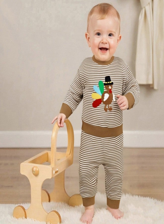 Karuedoo Toddler Baby Boy Girl Thanksgiving Outfit Turkey Embroidery Stripe Long Sleeve Waffle Knit Sweatshirt and Pants Set (Khaki Turkey, 6-12 Months) - Image 5