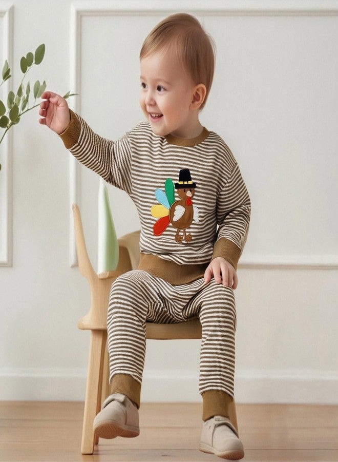 Karuedoo Toddler Baby Boy Girl Thanksgiving Outfit Turkey Embroidery Stripe Long Sleeve Waffle Knit Sweatshirt and Pants Set (Khaki Turkey, 6-12 Months) - Image 3