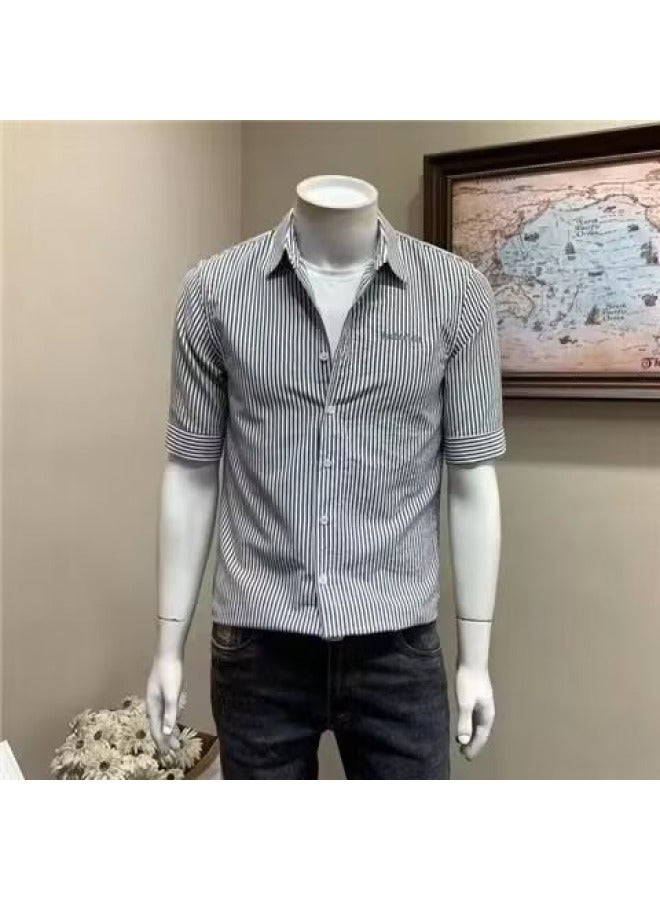 Men's Short-sleeve Trendy Versatile Striped Shirt Jacket Summer Business Casual Slim Fit Shirt Trendy