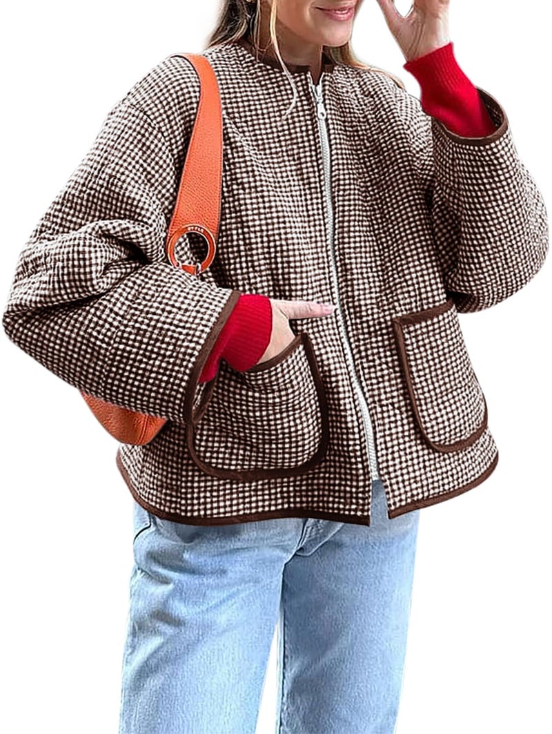 Yousify Women's Quilted Lightweight Jackets 2024 Trendy Winter Coats Packable Puffer Jacket Brown L - Image 1