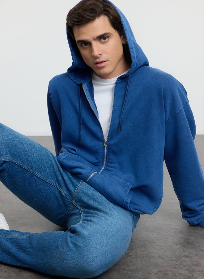 trendyol Indigo Oversize/Wide Cut Hooded Faded Effect Cardigan/Non-Raised Sweatshirt - Image 1