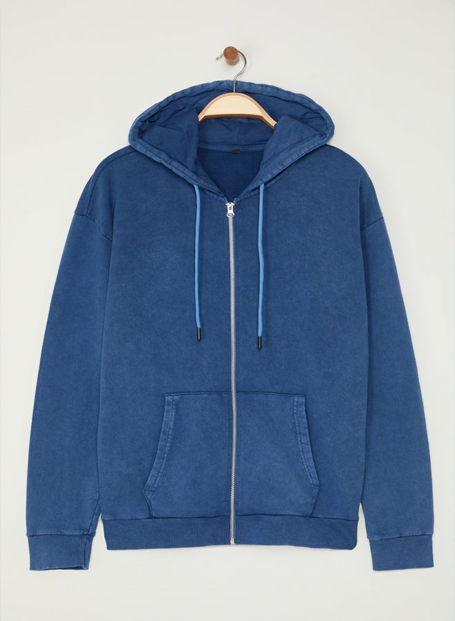 trendyol Indigo Oversize/Wide Cut Hooded Faded Effect Cardigan/Non-Raised Sweatshirt - Image 5