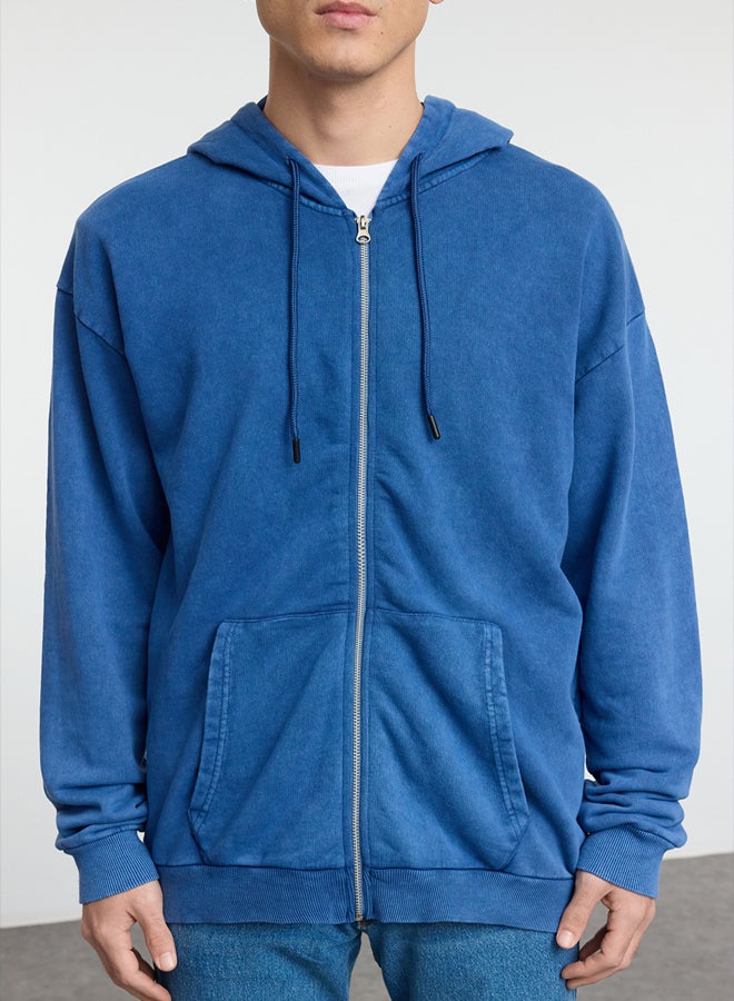 trendyol Indigo Oversize/Wide Cut Hooded Faded Effect Cardigan/Non-Raised Sweatshirt - Image 3