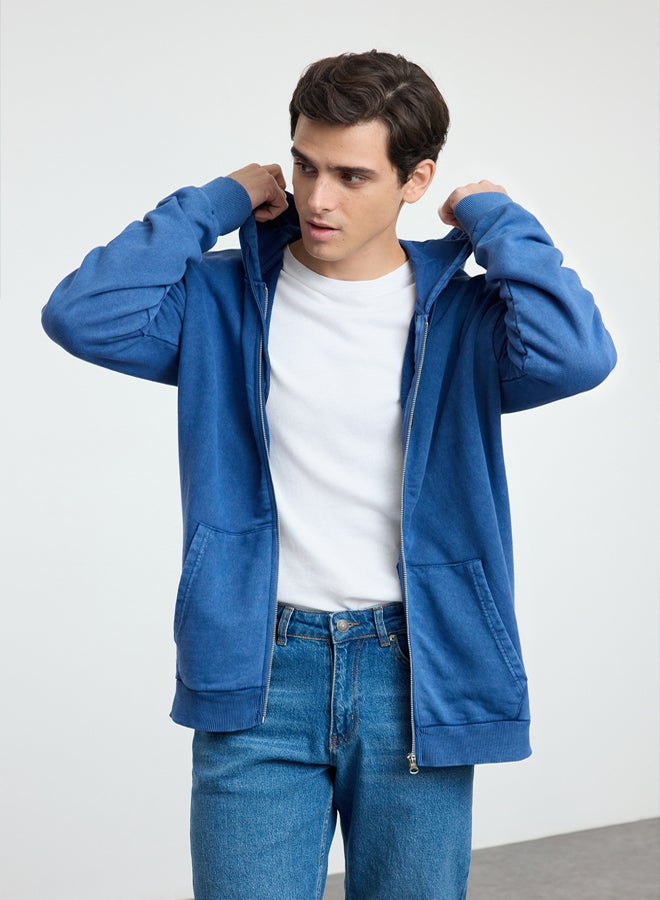 trendyol Indigo Oversize/Wide Cut Hooded Faded Effect Cardigan/Non-Raised Sweatshirt - Image 2