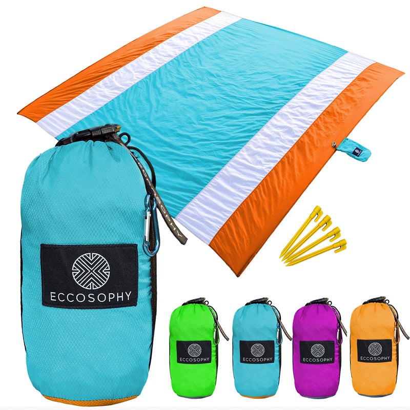 ECCOSOPHY Sandproof Beach Blanket Oversized Sand Free Beach Mat 9x10 Lightweight Outdoor Picnic Blanket Anchored with 4 Corner Sand Pockets Plastic Stakes Heat Proof Quick Drying Compact