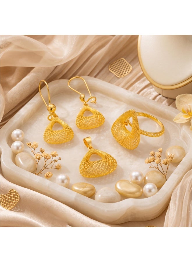 BAFLEH JEWELLERY 21K Yellow Gold Geometric Filigree Mesh Pendant Set with Matching Drop Earrings and Ring - Image 4