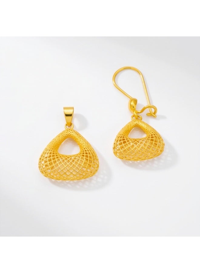 BAFLEH JEWELLERY 21K Yellow Gold Geometric Filigree Mesh Pendant Set with Matching Drop Earrings and Ring - Image 3