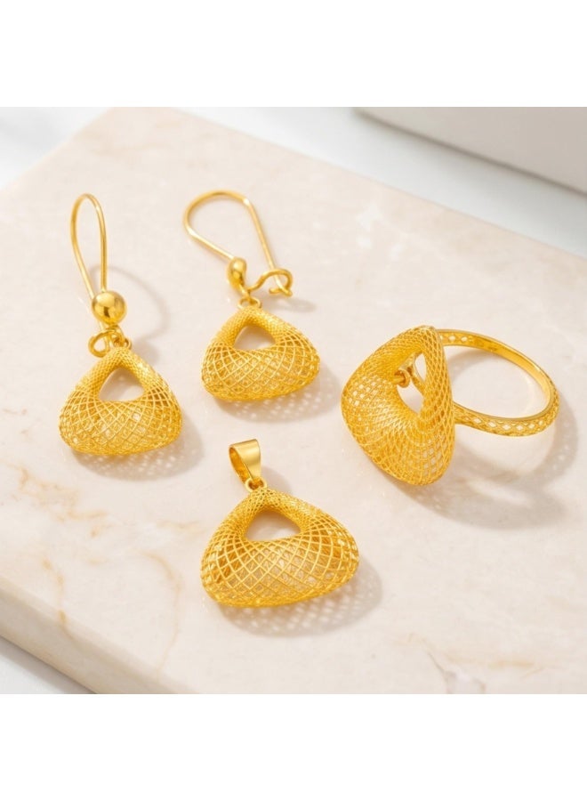 BAFLEH JEWELLERY 21K Yellow Gold Geometric Filigree Mesh Pendant Set with Matching Drop Earrings and Ring - Image 1