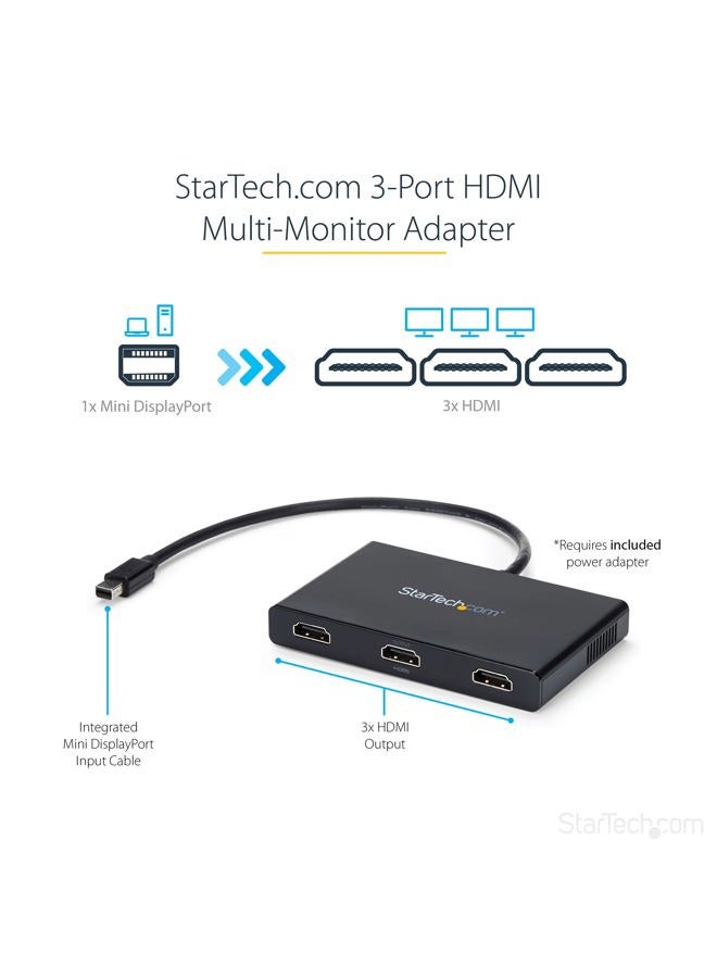 StarTech .com 3-Port Multi Monitor Adapter - Mini DisplayPort to HDMI MST Hub - Triple 1080p/Dual 4K 30Hz - Video Splitter for Extended Desktop Mode on Windows Only - mDP 1.2 to 3x HDMI (MSTMDP123HD) - Image 2