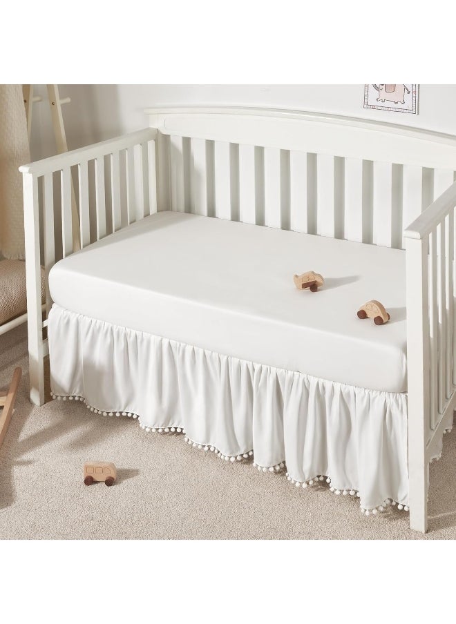 TILLYOU TILLYOU Ruffled Crib Skirt with Pompoms, Microfiber Nursery Crib Toddler Bedding Skirts for Baby Boys Girls, 14' Drop, White  - Image 1