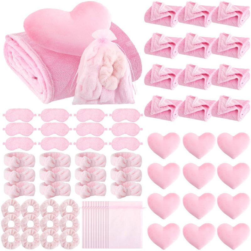 Fanfanwin 72 Pcs Sleepover Party Supplies for Girl Spa Slumber Birthday Favors Throw Blanket Pillow Eye Mask Headband Scrunchies (Solid Color,Pink) - Image 1
