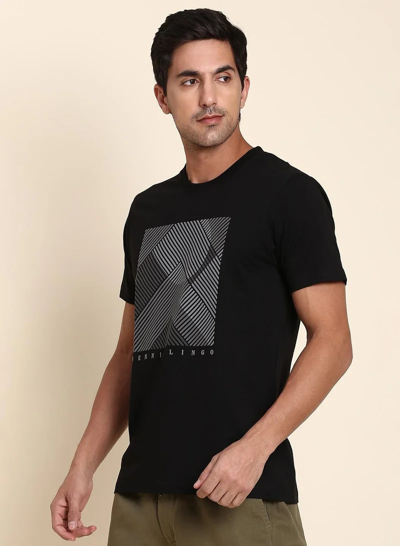Dennis Lingo Black Printed Regular Fit Crew Neck T-shirt for Men - 100% Cotton, Half Sleeves, Casual