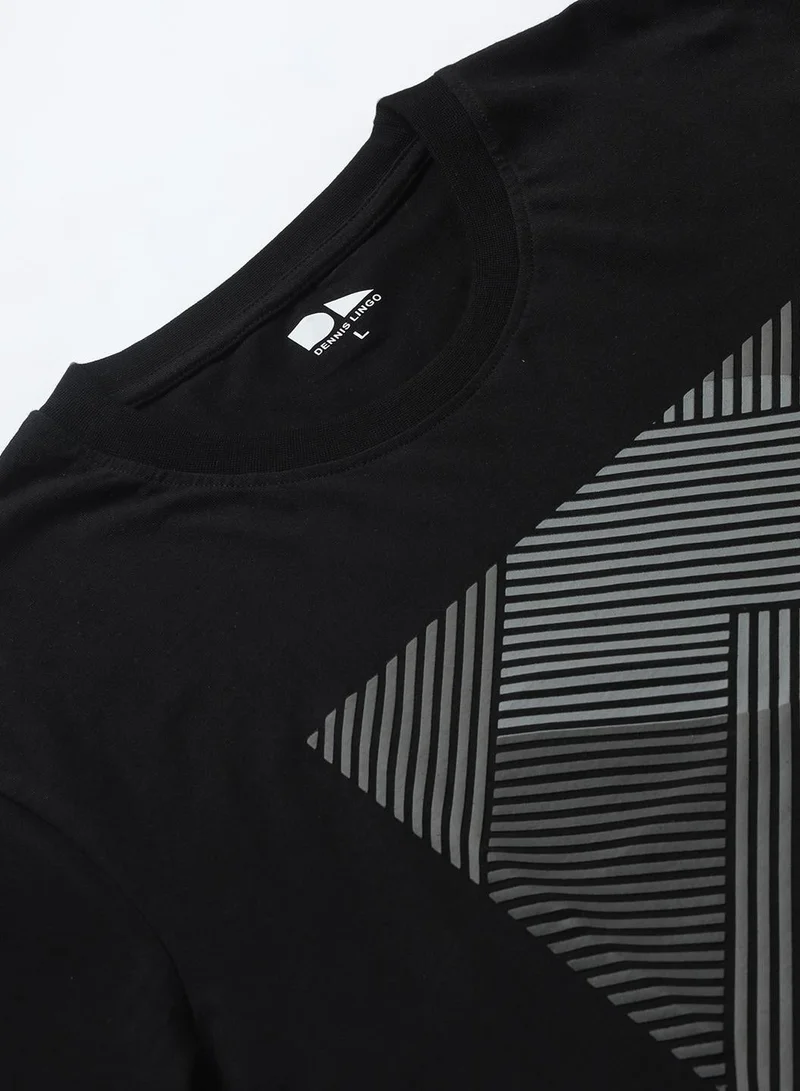 Dennis Lingo Black Printed Regular Fit Crew Neck T-shirt for Men - 100% Cotton, Half Sleeves, Casual