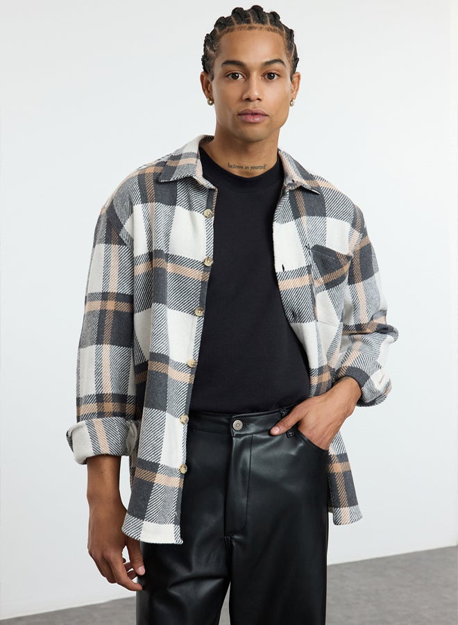 trendyol Beige Unisex Regular Fit Winter Plaid Checked Lumberjack Jacket Shirt TMNAW25GO00012 - Image 2