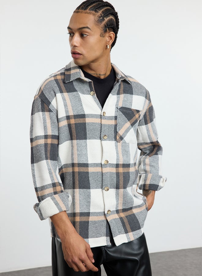 trendyol Beige Unisex Regular Fit Winter Plaid Checked Lumberjack Jacket Shirt TMNAW25GO00012 - Image 3