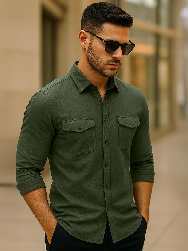 Veirdo® Men's Pure Cotton Utility Shirt | Full Sleeve Casual Button-Down with Dual Chest Pockets | Stylish & Comfortable Everyday Wear | VD_FS_RC_SH_OLV_M Olive - Image 5