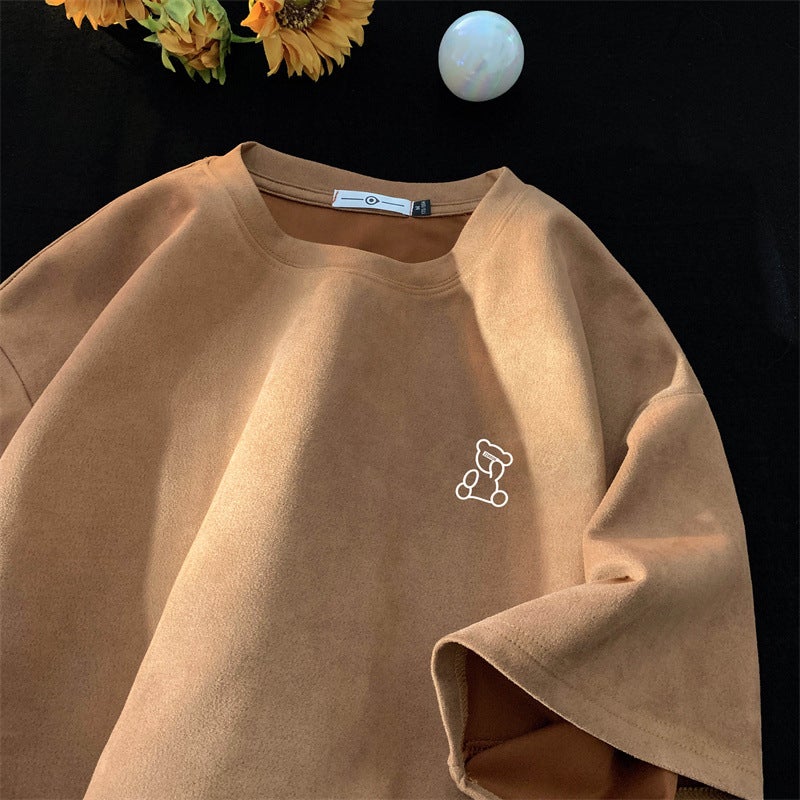 American Retro 220g Heavyweight Suede Short-Sleeved T-Shirt Men's Trendyy Brand Trendy Oversize Small Neckline 7-Quarter Sleeve Summer - Image 1