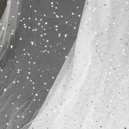 Homiest Glitter Tulle Fabric Rolls with Star Moon Sequin, 1 Yard x 54" Wide Rolls, White Tulle for Tutu Skirt Bridal Veil & Decorations - Image 1