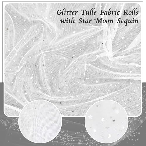 Homiest Glitter Tulle Fabric Rolls with Star Moon Sequin, 1 Yard x 54" Wide Rolls, White Tulle for Tutu Skirt Bridal Veil & Decorations - Image 4