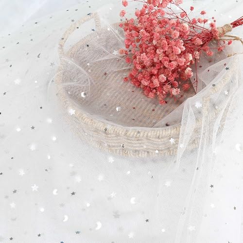 Homiest Glitter Tulle Fabric Rolls with Star Moon Sequin, 1 Yard x 54" Wide Rolls, White Tulle for Tutu Skirt Bridal Veil & Decorations - Image 2