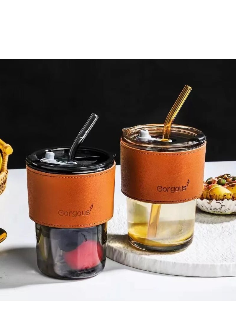 إيباسكت (2قطعة) من كوب زجاج  بكفر جلد شيك مزود بشاليموه زجاج 450 ملي، شفاف - Image 1