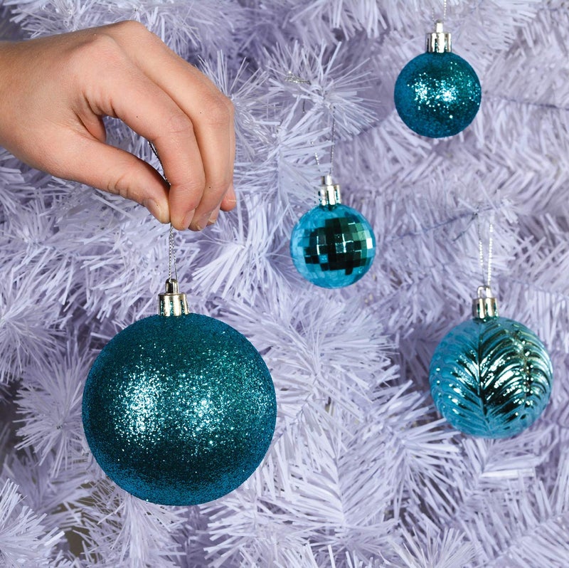Prextex Acid Blue Christmas Ball Ornaments for Christmas Decorations - 36 Pieces Xmas Tree Shatterproof Ornaments with Hanging Loop for Holiday and Party Decoration (Combo of 6 Styles in 3 Sizes) - Image 3