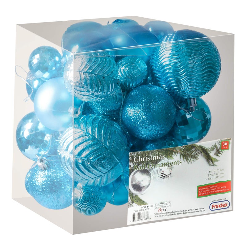Prextex Acid Blue Christmas Ball Ornaments for Christmas Decorations - 36 Pieces Xmas Tree Shatterproof Ornaments with Hanging Loop for Holiday and Party Decoration (Combo of 6 Styles in 3 Sizes) - Image 2