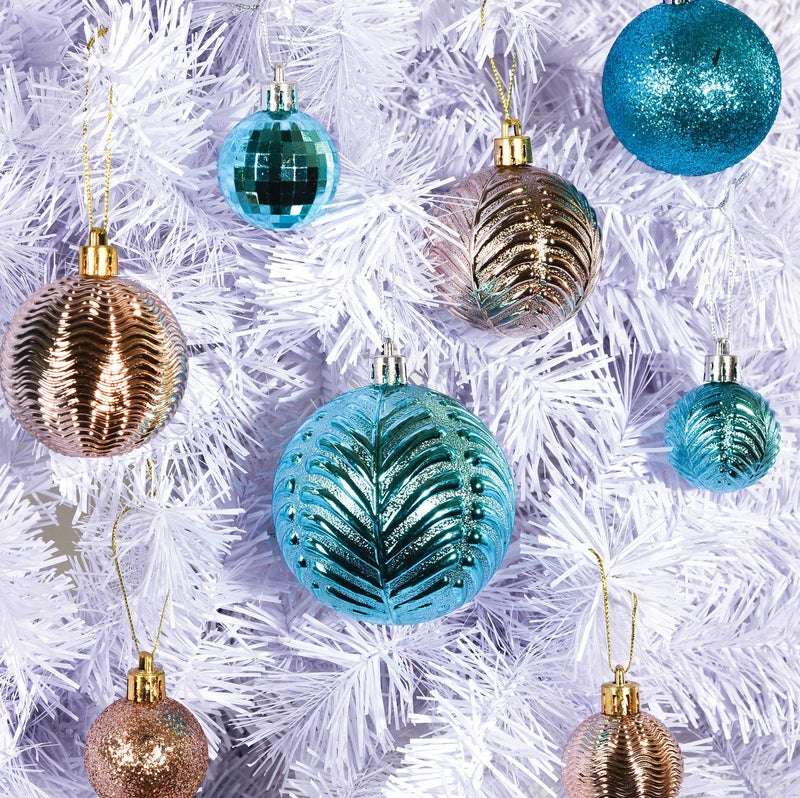 Prextex Acid Blue Christmas Ball Ornaments for Christmas Decorations - 36 Pieces Xmas Tree Shatterproof Ornaments with Hanging Loop for Holiday and Party Decoration (Combo of 6 Styles in 3 Sizes) - Image 4